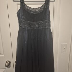 Adrianna Papell Navy Beaded Empire-Waist Asymmetrical Gown